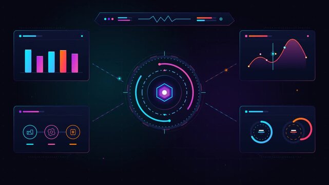 Technology data visualization HUD dashboard with animated charts graphs motion elements for digital business presentation video