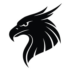Obraz premium Majestic eagle head mascot vector, powerful black hawk profile silhouette for sports branding, fierce predatory bird logo icon, minimalist griffin head graphic for corporate identity design.