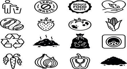 Fototapeta premium Zero Waste Food Composting Organic Scraps and Recycling Line Art Vector Icon Set