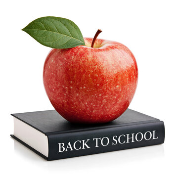 Isolated red apple on school book with green leaf and stem on transparent background. with Clipping path