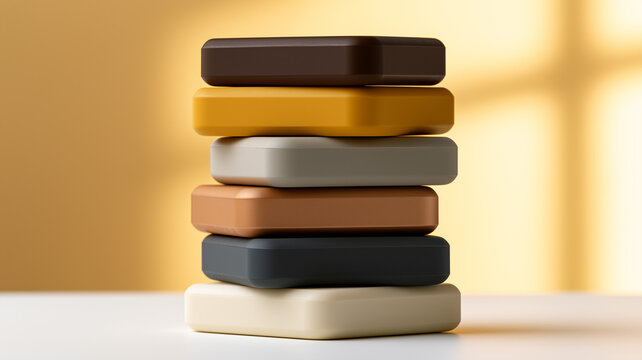 A vertical stack of glossy square blocks in various metallic and neutral colors. Ai generat