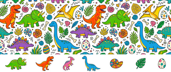 Colorful Cartoon Dinosaurs and Prehistoric Elements Pattern © aldynangko