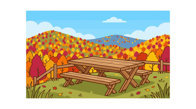 Picnic table in vibrant autumn mountain meadow
