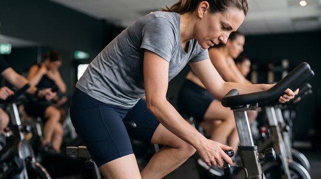 Focused woman riding stationary bike during indoor cycling class at modern fitness gym