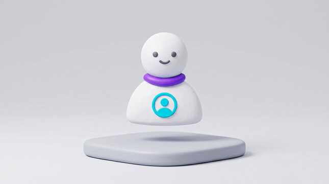 Minimalist avatar profile icon made from white clay with purple neck ring floats over base for digital interface use.