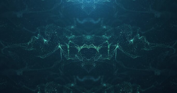 Symmetrical blue digital particle waves flowing on dark background for science and technology concepts