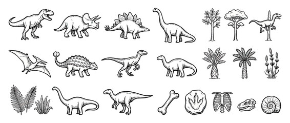 Hand-drawn prehistoric creatures and flora collection © aldynangko