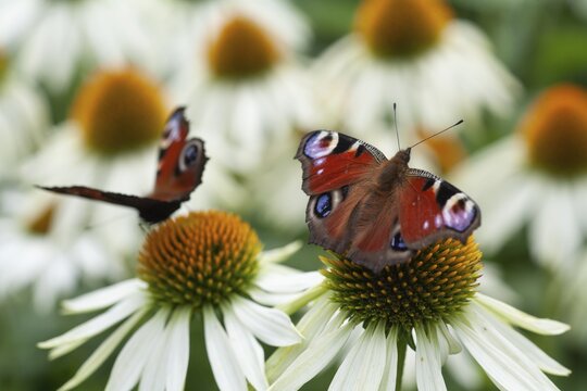 Peacock butterfly (Aglais io) adult feeding on a Coneflower (Echinacea spp) flower in a garden, Norfolk, England, United Kingdom