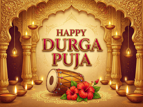Happy durga puja festive background with dholak drum hibiscus flowers and diyas inside golden temple architecture.