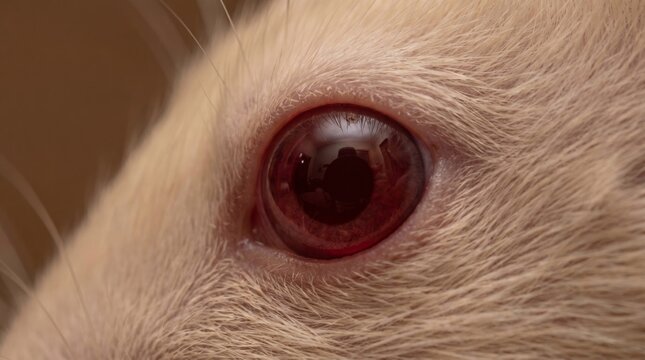 Close up white cat eye with red iris staring directly