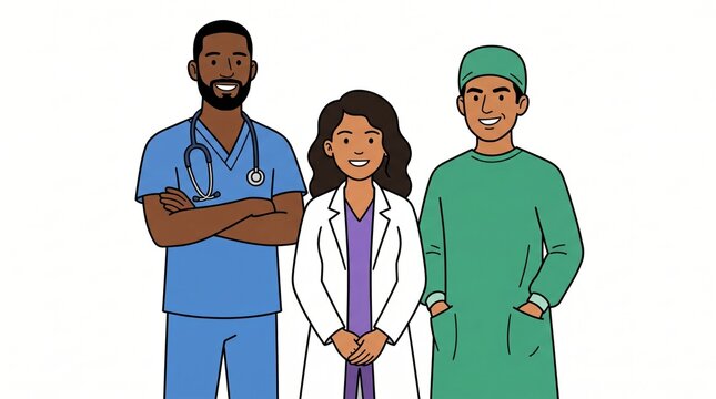 Diverse healthcare professionals standing together in medical uniforms