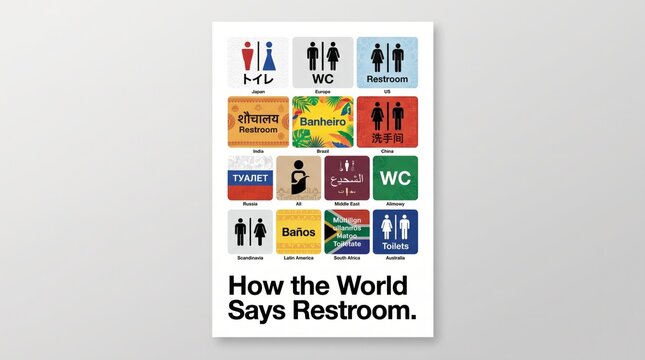 How world says restroom infographic showing international bathroom signage