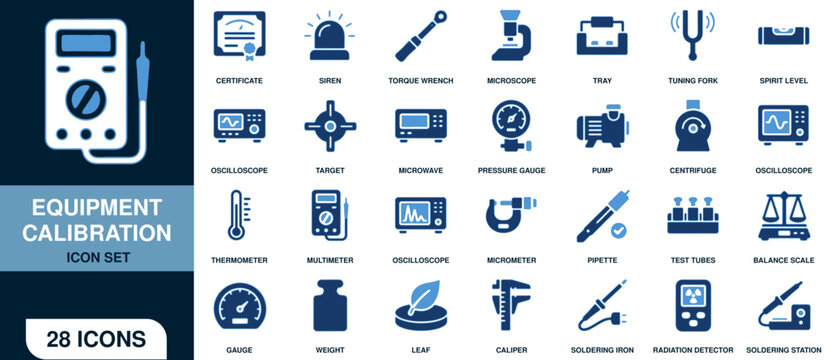 Equipment calibration icon set, professional measuring and testing tools for industrial quality control and laboratory precision maintenance