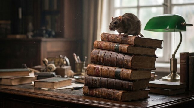 Rat perched on stack of antique books at wooden desk with green lamp