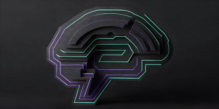 Abstract brain model with neon outlines on black background