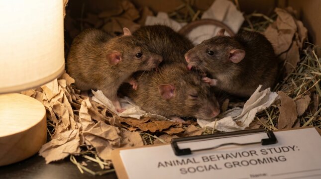 Laboratory rats demonstrating social grooming behavior in research habitat
