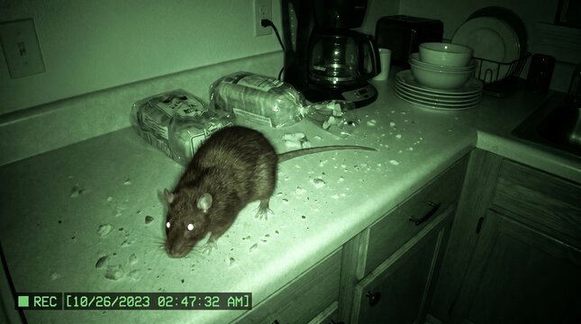 Rat scavenging kitchen counter at night, caught on infrared security camera