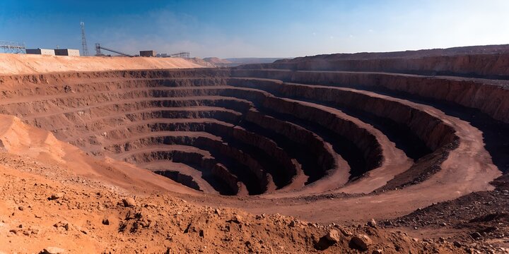 Large open pit mine under clear blue sky