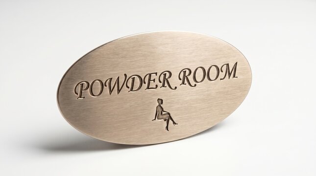 Powder room door sign with female figure symbol on brushed metal