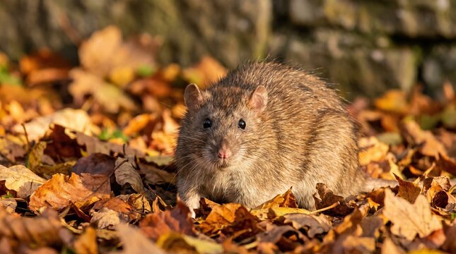 Rodent foraging among fallen autumn leaves on ground