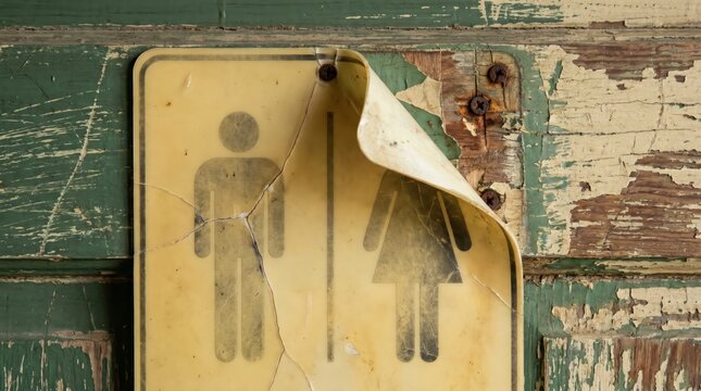 Weathered restroom sign with peeling paint on distressed wooden door