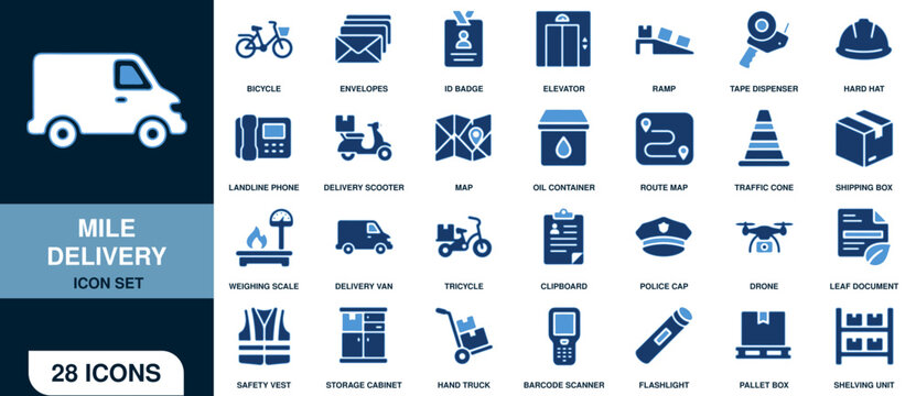 Mile delivery icon set, collection of 28 vector icons for logistics, shipping, and transportation services, flat blue design elements for web and mobile applications