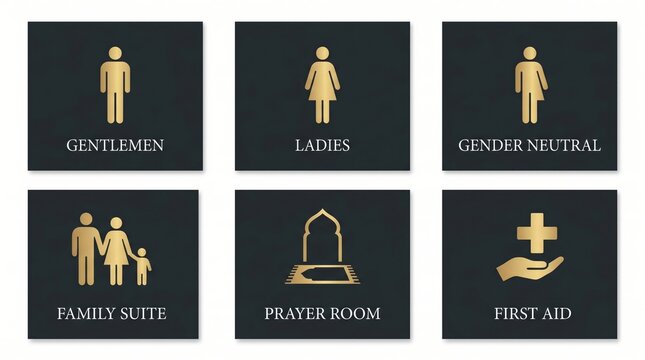 Wayfinding signage icons for restrooms, prayer room, first aid facilities