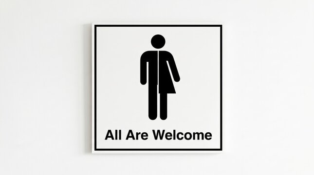 Sign displaying inclusive gender symbol with All Are Welcome message