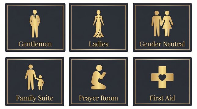 Elegant wayfinding signs for restrooms, prayer space, first aid facilities