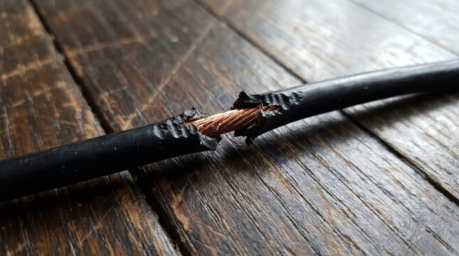 Damaged electrical wire with exposed copper on wooden surface