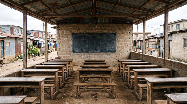Empty outdoor classroom with wooden desks