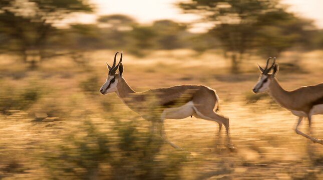 Springbok antelopes running in motion blur through African savanna at golden hour