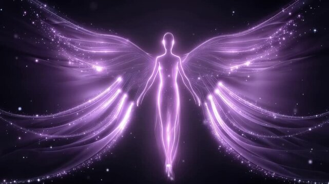 An ethereal being, an angel with shimmering wings made of light, emanates a serene and mystical aura against a dark, starry background. ..Created with Generative AI, not depicting real subjects.