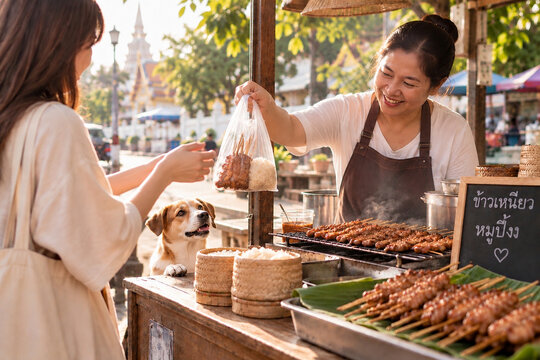 Thai street food vendor selling grilled pork and sticky rice at morning market
