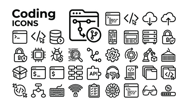 Coding Icon Set: A comprehensive collection of line icons representing various aspects of software development, programming, and technology, offering visual elements for digital projects.