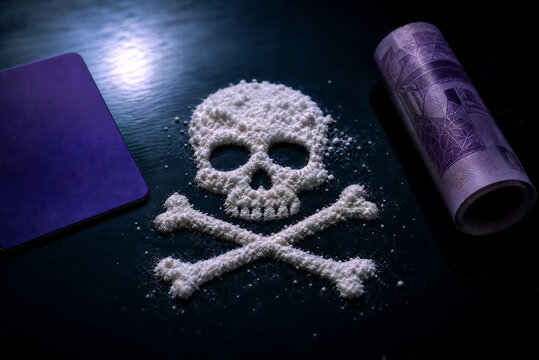 Powder Skull with Purple Payment Card and Rolled Banknote About Addiction and Debt