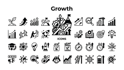 Fototapeta premium Growth Icons Set: A comprehensive collection of black and white vector icons illustrating various aspects of business growth, development, and success.
