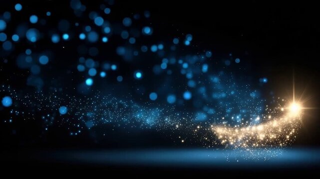 Sparkling blue and gold particles trail from a radiant starburst against a dark background, creating an ethereal and magical atmosphere. ..Created with Generative AI, not depicting real subjects.