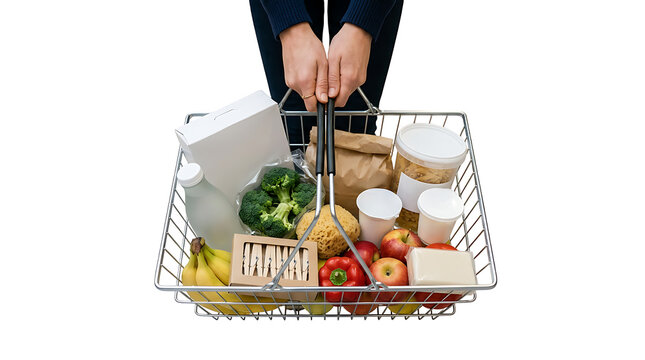 Person holding a metal shopping basket filled with fresh groceries and packaged food items.