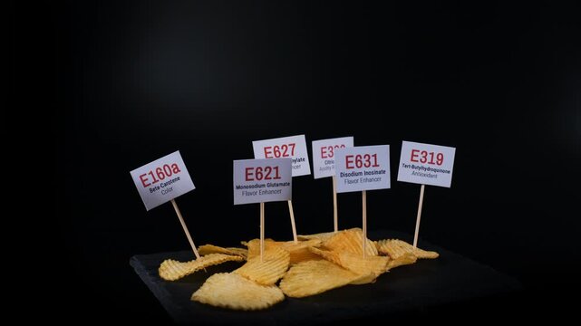 Potato chips rotate on black slate with E160a, E627, E621, E330, E631 and E319 labels highlighting potentially harmful ingredients. Food safety concept