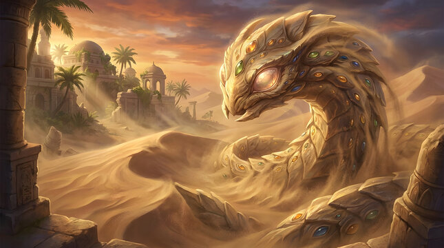 Ancient stone desert dragon rising from sand dunes.