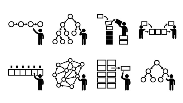 People interacting with data structures and flowcharts icon set