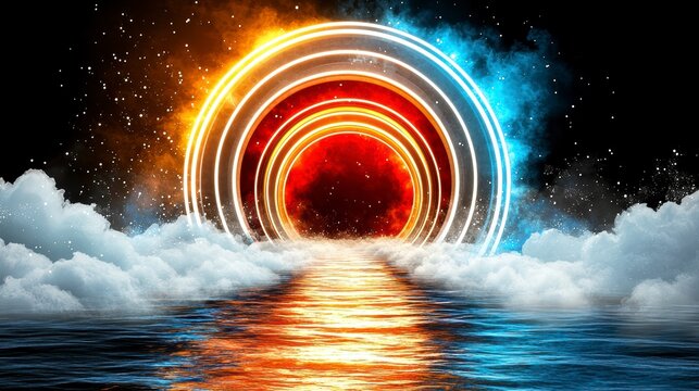 Futuristic Abstract Neon Portal with Fire and Ice Reflections on Water