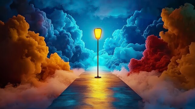 Ethereal Path with Glowing Lamppost Amidst Colorful Dream Clouds