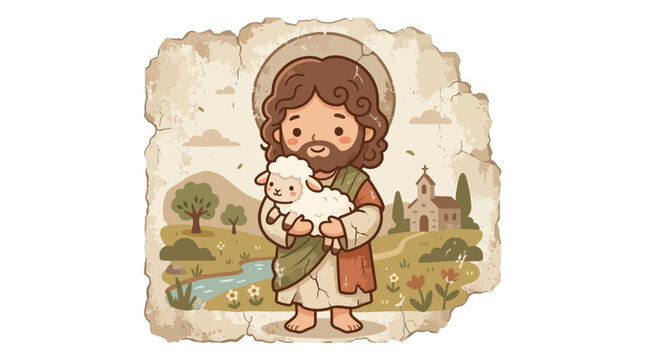 Good Shepherd Jesus Christ holding lamb on parchment.