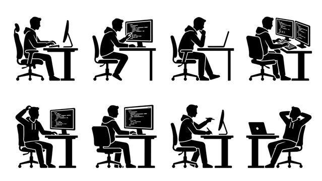 Set of black silhouette icons of programmers and developers working