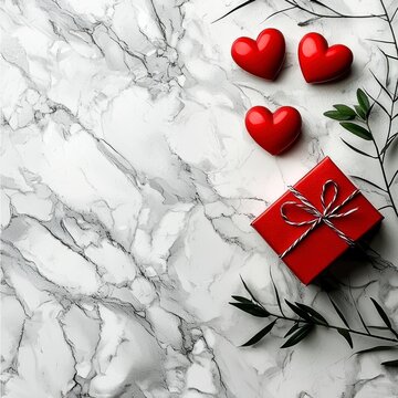 Valentine's Day Red Hearts and Gift Box on Marble Background