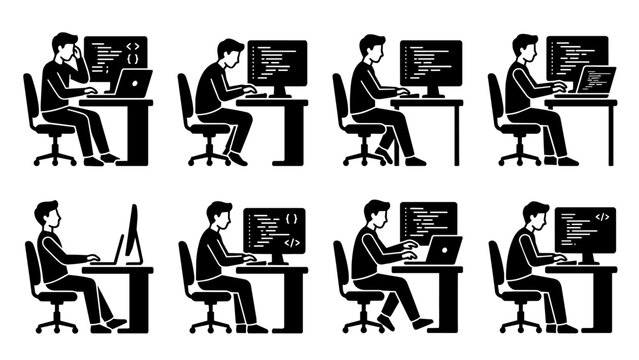 Set of black icons showing programmers coding at computer desks