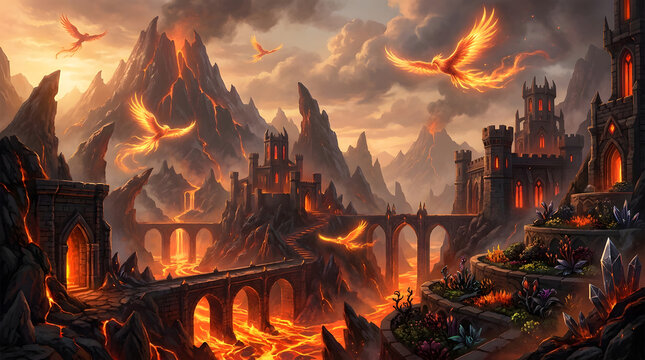 Fiery Phoenix Birds Soaring Above an Ancient Volcanic Fantasy Fortress.