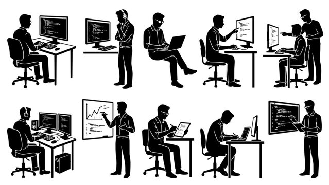 Set of black silhouettes of software developers and programmers